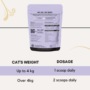 Petz Park cat calming supplements dosage instructions for cats up to 4kg and over 4kg.