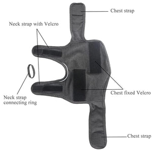 Dog anxiety jacket design features labeled: neck strap with Velcro, chest straps, and connecting ring.