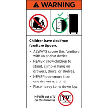 Warning label about dangers of furniture tip-over with safety instructions for securing furniture.