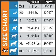 Thundershirt dog calming jacket size chart, detailing weight and chest measurements for various sizes.