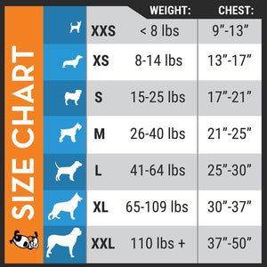 Thundershirt size chart showing weight and chest measurements for dog anxiety jackets in various sizes.