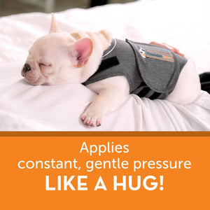 Thundershirt grey anxiety jacket for dogs, applying gentle pressure for calmness like a hug.