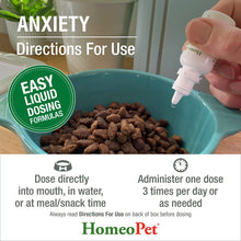 HomeoPet Australia Anxiety product dosing instructions with liquid formula for pets in a bowl of kibble.