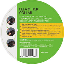 Label for Pets4Luv flea and tick collar, detailing usage instructions and natural ingredients for dog protection.