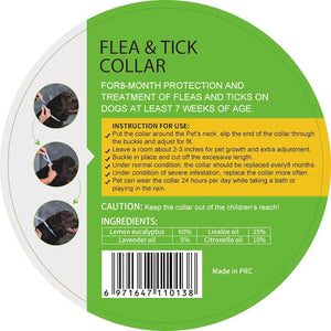 Label for Pets4Luv flea and tick collar, detailing usage instructions and natural ingredients for dog protection.