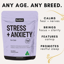 Petz Park Stress and Anxiety powder for cats, promoting calmness and restful sleep, suitable for all breeds and ages.