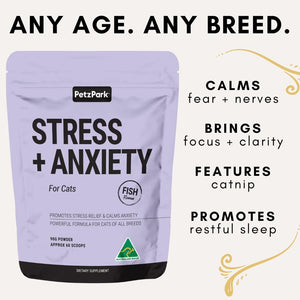 Petz Park Stress and Anxiety powder for cats, promoting calmness and restful sleep, suitable for all breeds and ages.