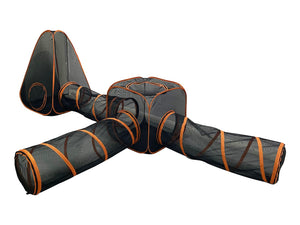 Portable cat playpen with tunnels and cube, designed for indoor and outdoor pet fun, featuring a pop-up design.