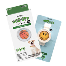 Packaging of Bug-Off Clip for Dogs featuring basketball and smiley face designs, repels fleas, ticks, and ants for 60 days.