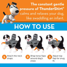 How to use Thundershirt: attach neck straps, wrap torso flaps, and adjust top flap for snug fit.