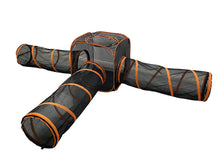 Portable cat playpen with tunnels and cube design for indoor and outdoor use, perfect for pets.