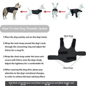 Instructions on how to use a dog anxiety jacket, featuring multiple dogs wearing the vest.