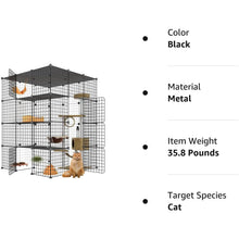 Large black metal cat enclosure featuring multiple platforms and doors, ideal for 1-4 cats, weighing 35.8 pounds.