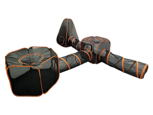 Portable cat playpen with tunnels and tent design for indoor and outdoor pet fun.