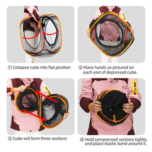 Step-by-step guide showing how to collapse the ITENT cat play cube into a portable flat position.