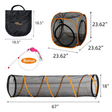 ITENT cat play tunnel and cube set with shoulder bag, dimensions displayed for easy travel and play.