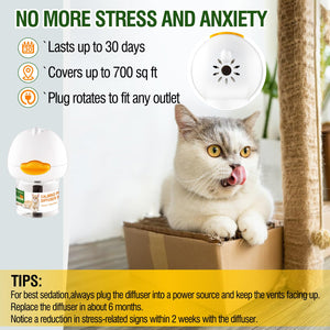Cat Calming Pheromone Diffuser in use with tips for reducing anxiety and stress, suitable for spaces up to 700 sq ft.