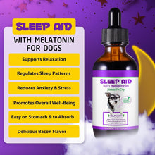 Melatonin sleep aid for dogs, supports relaxation, reduces anxiety, with bacon flavor and easy absorption, 60 ml bottle.