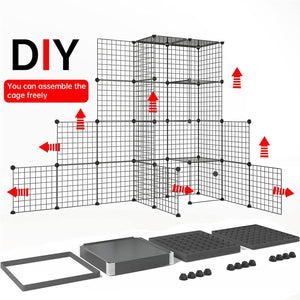 DIY cat cage assembly with modular panels, connectors, and platforms for easy customization.