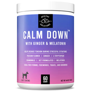 Healthy Solutions Calming Chews for Dogs with Ginger and Melatonin, 60 soft chews for stress relief.