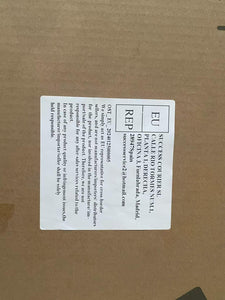 Label on a cardboard box with details about shipping and contact information, including EU and representative information.