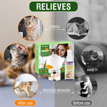 PawsGear cat calming pheromone diffuser and spray, reduces stress and anxiety, promotes relaxation in cats.