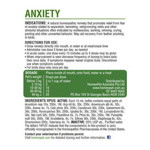 HomeoPet Anxiety product instructions for pets, featuring dosage and directions for use in cats, dogs, and birds.