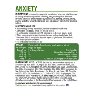 HomeoPet Anxiety product instructions for pets, featuring dosage and directions for use in cats, dogs, and birds.