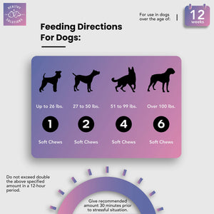 Infographic showing feeding directions for Healthy Solutions calming chews for dogs based on weight categories.
