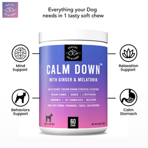 Calming Chews for Dogs, Healthy Solutions, with Ginger and Melatonin, 60 Soft Chews for anxiety and stress relief.