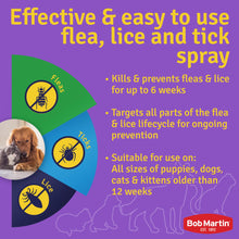 Informative graphic on Bob Martin's flea, lice, and tick spray for pets, highlighting effective treatment and prevention.