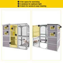 Outdoor cat house with 4 tiers, 5 windows for light, and 4 access doors for easy cleaning.
