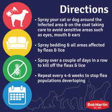 Directions for using Bob Martin Flea & Tick Spray on pets and home surfaces to eliminate infestations.