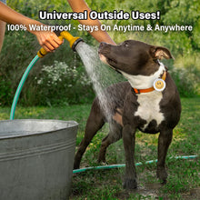Dog enjoying water spray outdoors, showcasing 100% waterproof bug-off clip for safety against pests.