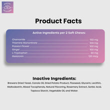 Ingredient list for Healthy Solutions Calming Chews for Dogs, highlighting active ingredients like Chamomile, Melatonin, and Ginger.