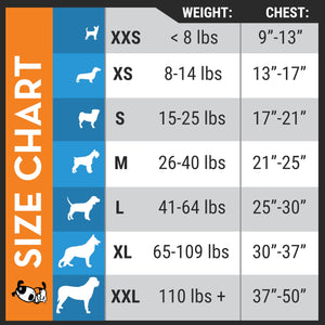 Size chart for Thundershirt dog calming jacket showing weight and chest measurements for sizes XXS to XXL.