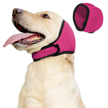 Velmoriah calming dog hoodie in rose red on a happy dog, featuring ear covers for noise protection and anxiety relief.