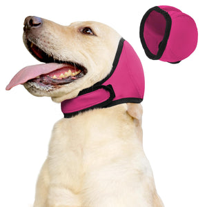 Velmoriah calming dog hoodie in rose red on a happy dog, featuring ear covers for noise protection and anxiety relief.