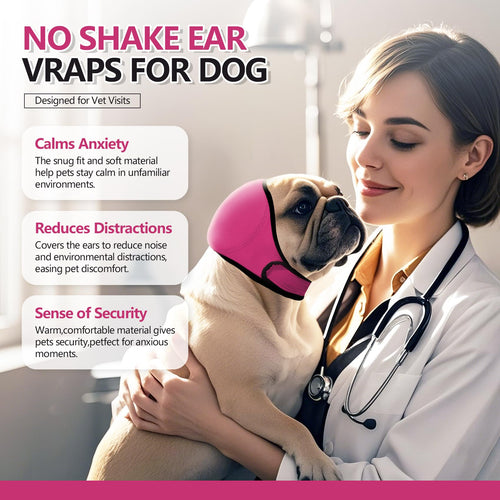 Velmoriah no shake dog ear wraps, calming anxiety, noise reduction, vet visits, pink ear cover on dog with vet.
