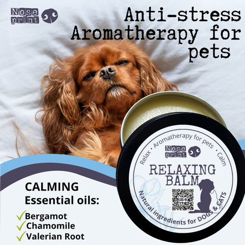 Anti-stress aromatherapy balm for pets featuring calming essential oils like bergamot, chamomile, and valerian root.