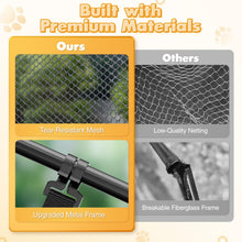 Comparison of Rywell premium materials: tear-resistant mesh vs low-quality netting and upgraded metal frame vs breakable fiberglass frame.