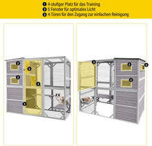 Outdoor cat house with 4 tiers, 5 windows for light, and 4 access doors for easy cleaning.