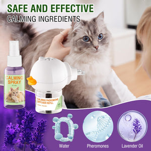 Image of cat calming pheromone diffuser and spray with lavender oil and calming ingredients for stress relief.