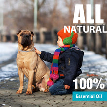 Child petting a dog outdoors with text stating 'All Natural 100% Essential Oil'.