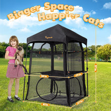 Rywell Extra Large Cat Enclosure featuring girl and cat, designed for outdoor play and sunbathing, 94x102x145cm dimensions.