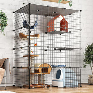 Large metal cat enclosure playpen with platforms and hammocks for indoor use.