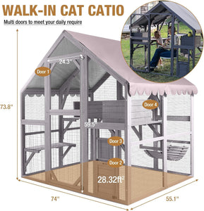 Seiyierr outdoor cat enclosure with walk-in design, featuring multiple doors and platforms for easy access and playtime.