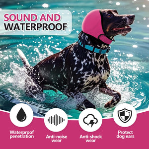 Dog wearing a pink waterproof calming hoodie while swimming, showcasing sound protection features for anxious pets.