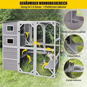 Spacious outdoor cat house with three platforms, designed for 2-6 cats, featuring multiple entry points and windows.