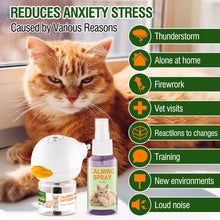 Cat calming diffuser and spray helping to reduce stress and anxiety from various triggers like storms and loud noises.